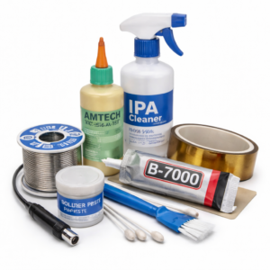 Flux, solder wire, glue and cleaning chemicals for electronics repair